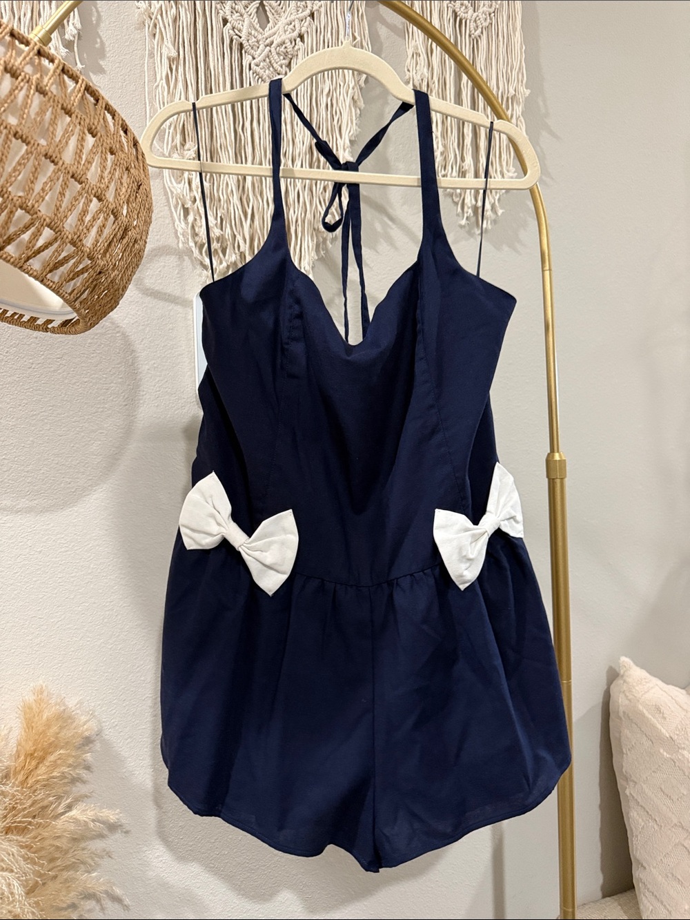 Navy Blue Romper with White Side Bows